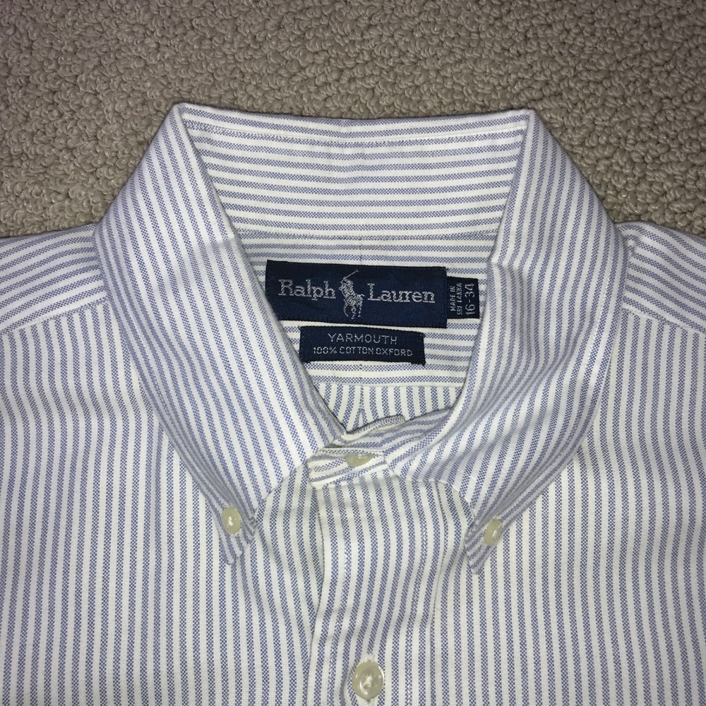 Ralph Lauren Yarmouth 16 34 Blue White Striped Oxford Button Down Shirt Pony - Picture 4 of 7